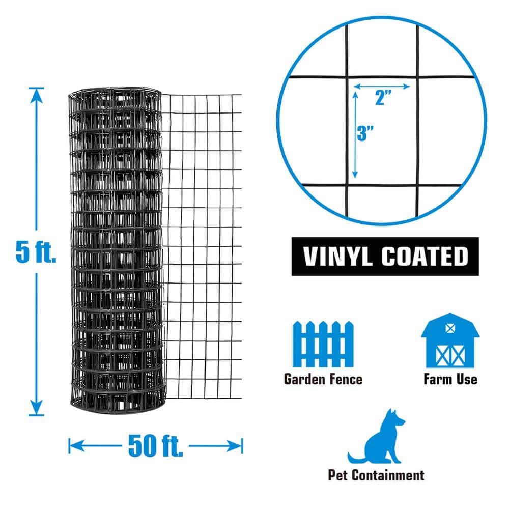 Fencer Wire 5 ft. x 50 ft. 16-Gauge Black Vinyl Coated Welded Wire Fence with 3 in. x 2 in. Mesh, Black Garden Welded Mesh (3)