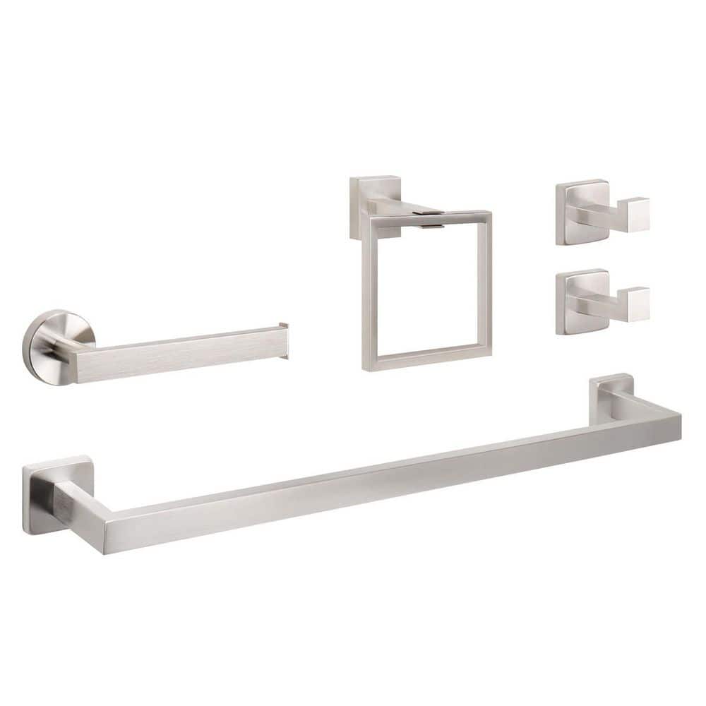 LAIFUCAM 5-Piece Bathroom Hardware Set with Towel Rod, Towel Ring, Paper Holder, 2-Robe Hooks in Brushed Nickel (1)