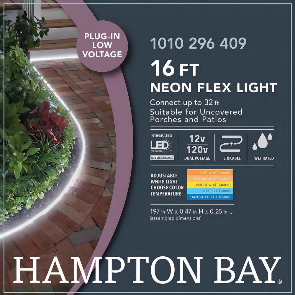 Hampton Bay 1000 Lumen 16 ft. White Adjustable Light Color 120V Plug-in or 12V Neon Flex LED Weather Resistant Outdoor Rope Light (4)