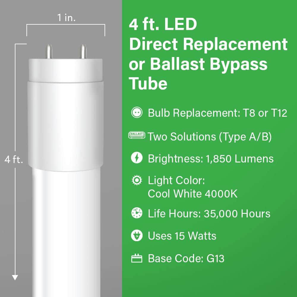 Feit Electric 4 ft. 15-W G13 Type AB T8 Plug and Play Or T8/T12 Ballast Bypass Linear LED Tube Light Bulb, Cool White 4000K (10-Pack) (3)