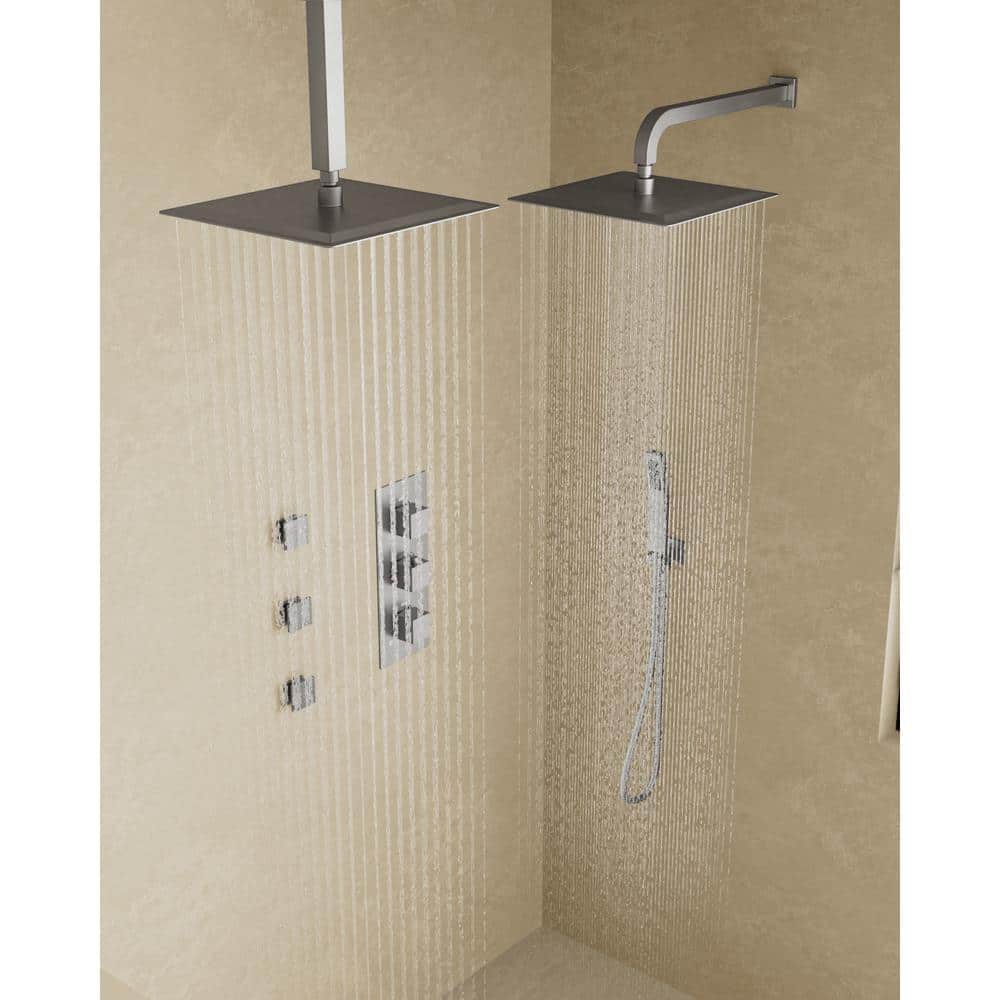 YAWWALK Thermostatic Valve 8-Spray 12 x 12 in. Wall Mount Dual Shower Head and Handheld Shower with 3-Jets in Brushed Nickel (2)