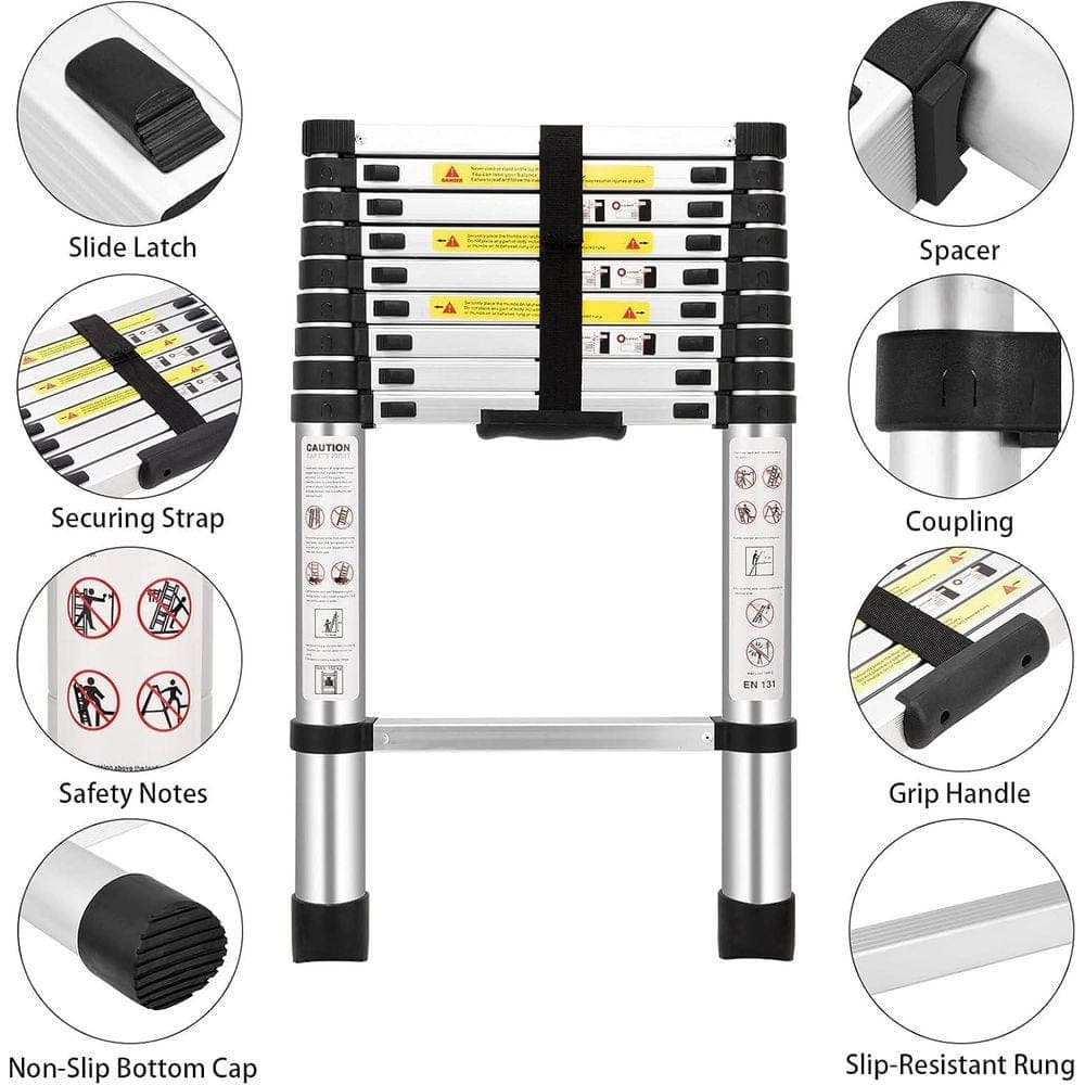 KIWDZFU 8.5ft Aluminum Telescoping Ladder with Anti-Slip Rubber and Stabilizer Bar (3)