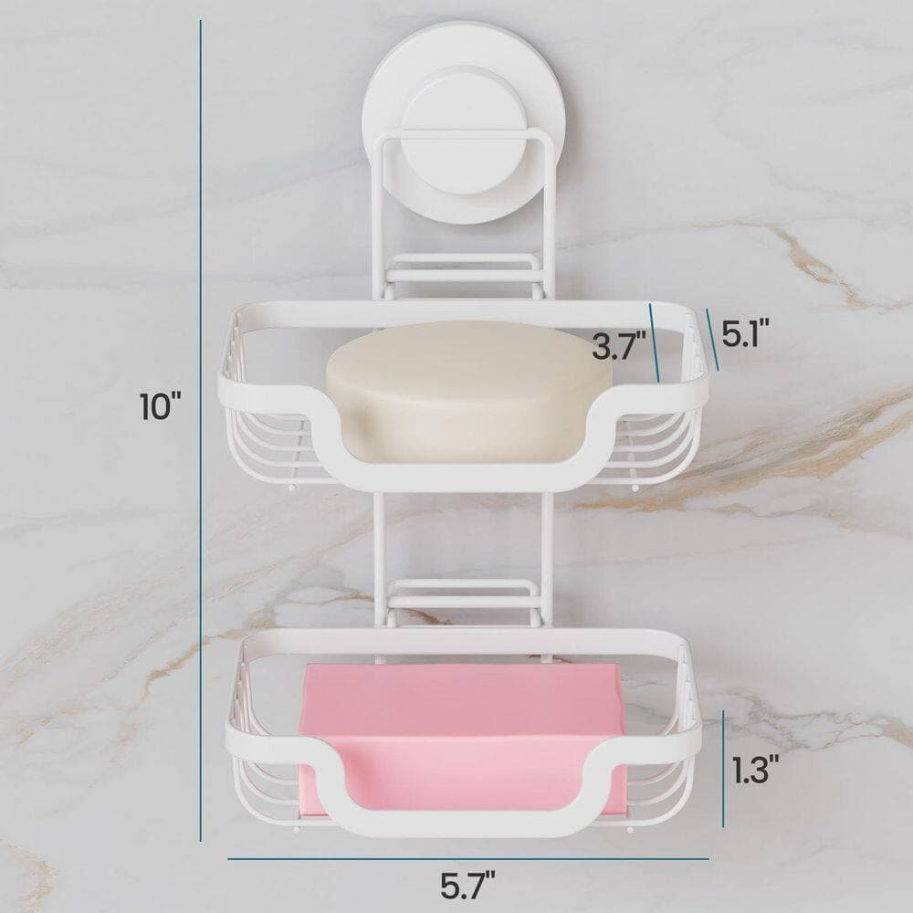 Wudkey Double Layer Rustproof Stainless Steel Soap Holder Drill-Free Bar Soap Dish Tray Suction Cup, Draining for Wall in White (2)