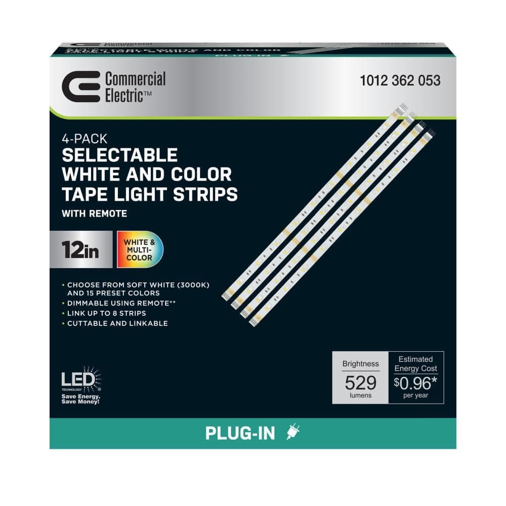 Commercial Electric 4 ft. Plug-In Cuttable/Linkable Integrated LED RGBW Indoor Under Cabinet Tape Strip Light Kit w/Remote (4-Strip Pack) (4)