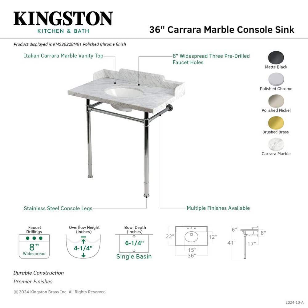 Kingston Brass Wesselman 36 in. x 22 in. Console Sink Combo in Carrara Marble White/Polished Nickel with Legs (2)