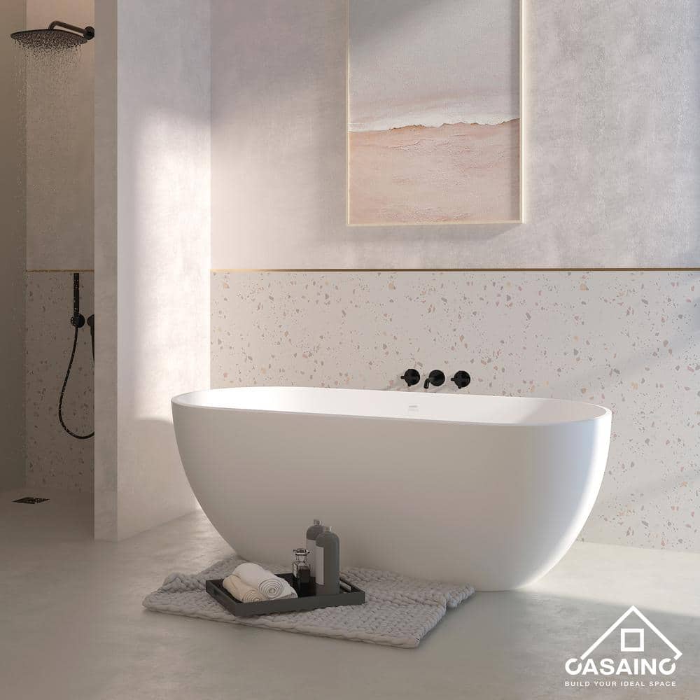 CASAINC 59 in. Stone Resin Composite Flatbottom Non-whirlpool Freestanding Bathtub in White (3)