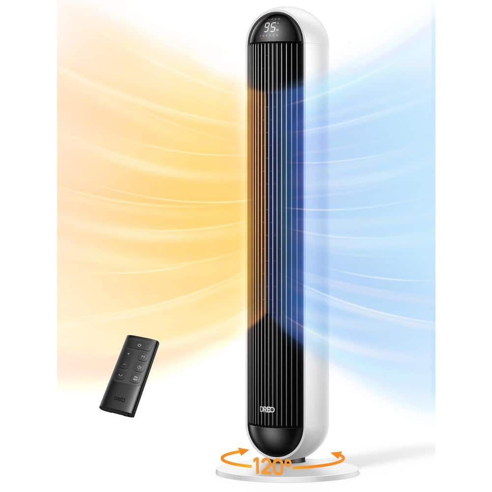 DREO 1500W 42 In. Portable Electric Convection Tower Fan & Heater, 120° Oscillation, 12H Timer, 25dB, w/Remote, Silver