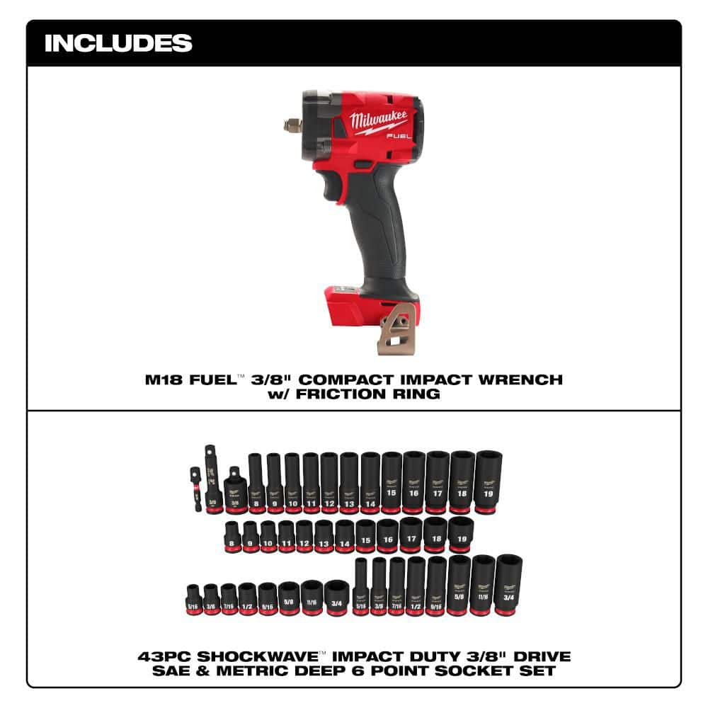 Milwaukee M18 FUEL GEN-3 18V 3/8 in. Compact Impact Wrench (Tool Only) with 3/8 in SHOCKWAVE 43-Pc Socket Set (2)