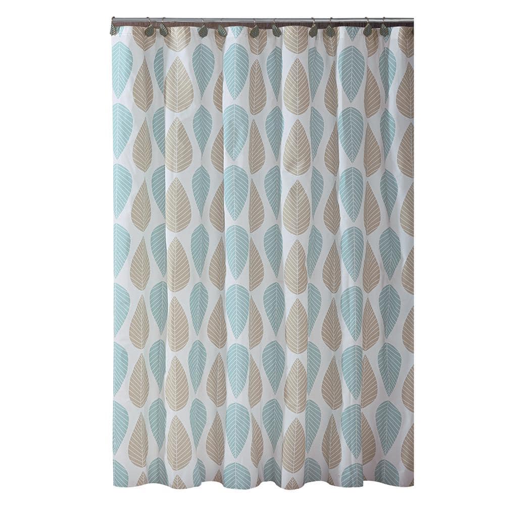 Bath Bliss PEVA 70 in. x 72 in. Beige and Blue Leaf Design Shower Curtain