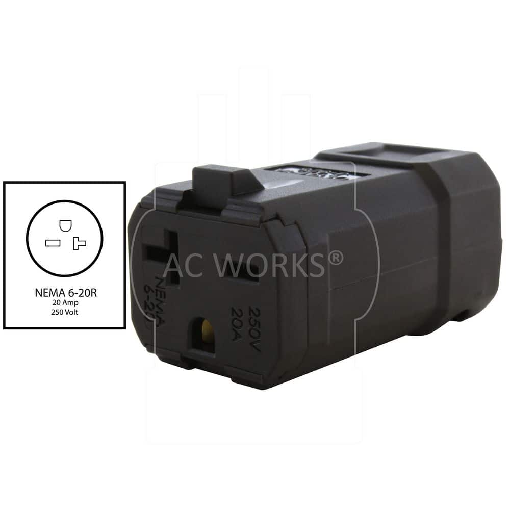 AC WORKS NEMA 6-20R 20A 250V Clamp Style Square Connector in Black with UL, C-UL Approval (2)