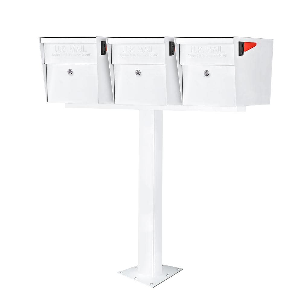 Mail Boss MailBoss X3 Locking Mailbox Post Mount Combo Kit, Alpine White, Surface Mount Post, 3 Compartment High Security Cluster