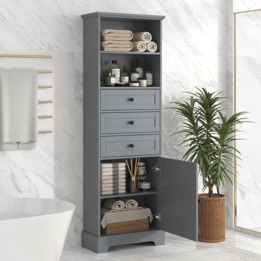 YSQCAR 22 in. W x 10 in. D x 67 in. H Gray MDF Freestanding Linen Cabinet with Door and Drawers, Adjustable Shelf (2)
