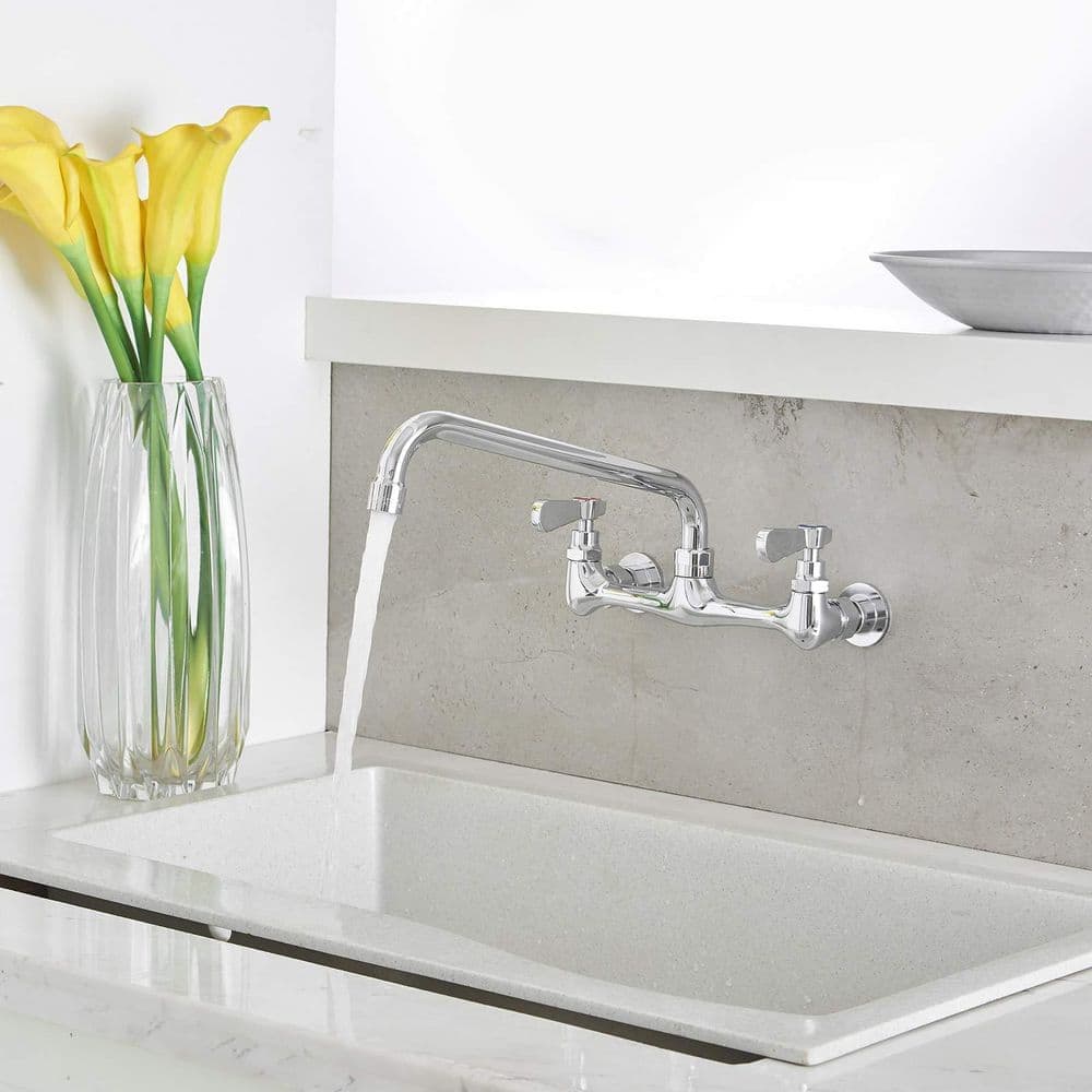 Numhew Wall Mount Kitchen Faucet in Chrome, 12 in. Swivel Spout Dual Handle Mixer Tap for Commercial and Laundry Sink (3)