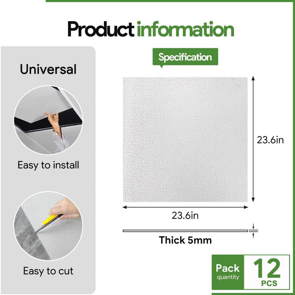 Fasarxiu White 2 ft. x 2 ft. Decorative Textured Waterproof Washable and Fire-Rated PVC Ceiling Tile 48(sq. ft. / case)12 Tiles (2)