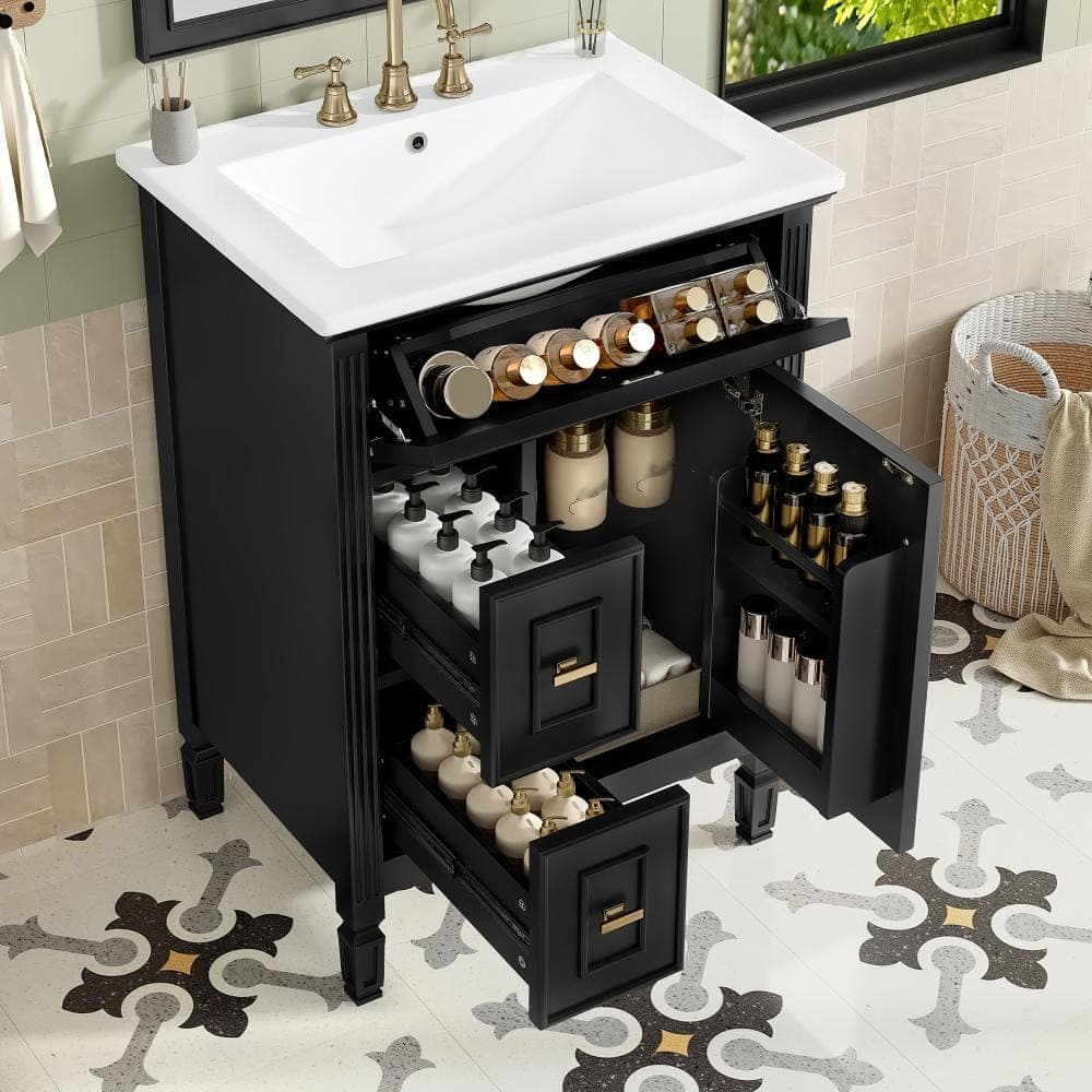 Unbranded Black 24in Bathroom Vanity with Sink One Flip Drawer and Two Drawers for Bathroom
