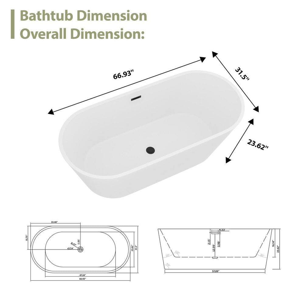 LuckByte 67 in. x 31.5 in. Stand Alone Soaking Acrylic Freestanding Bathtub with Black and Pop-Up Drain in White (3)
