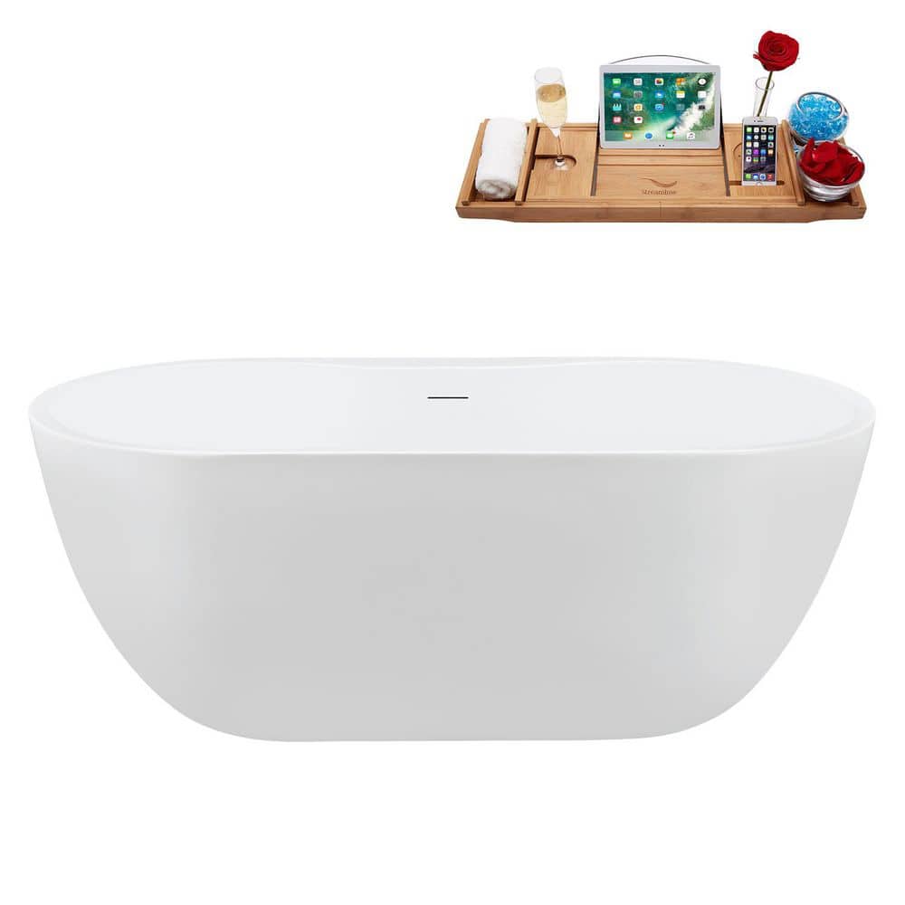 Streamline 61 in. x 30 in. Acrylic Freestanding Soaking Bathtub in Glossy White With Brushed Brass Drain, Bamboo Tray (1)