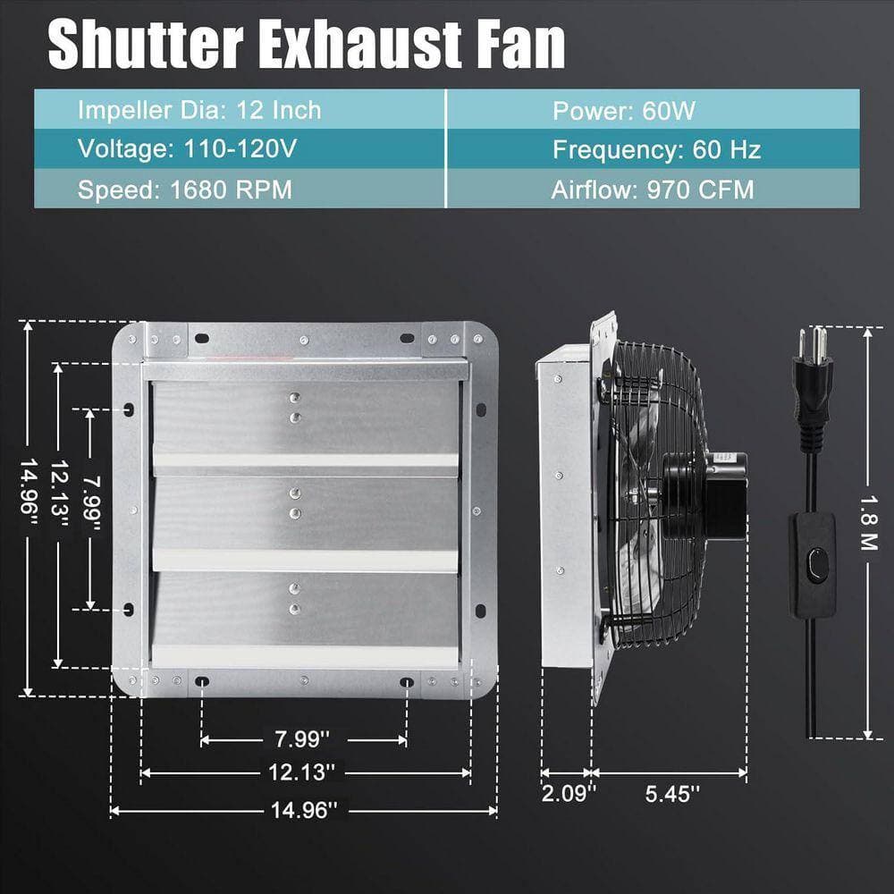 KIWDZFU 12 in. Shutter Exhaust Fan 970 CFM Gable Mount Vent Fan with On/Off Switch for Attic Greenhouse Electric Powered (2)