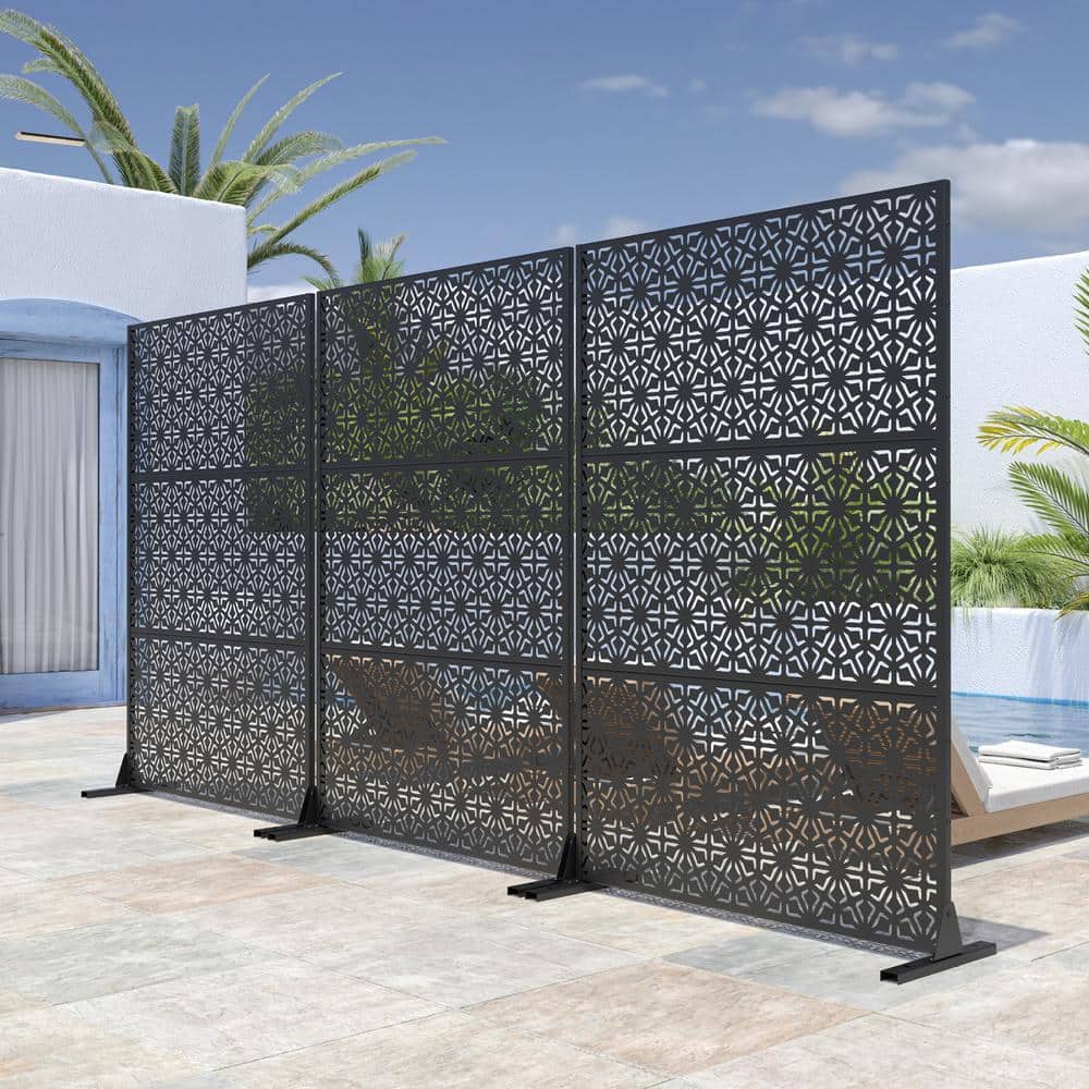 Lirago 72 in. x 47 in. Outdoor Metal Privacy Screen Garden Fence Snowflake Pattern Wall Applique in Black (3)