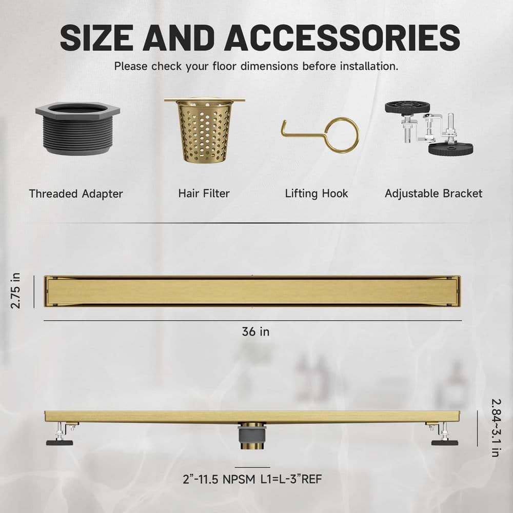 BWE 36 in. Shower Drain with 2-in-1 Tile Insert Panel Stainless Steel Linear Drain for Fast Drainage in Brushed Gold (3)