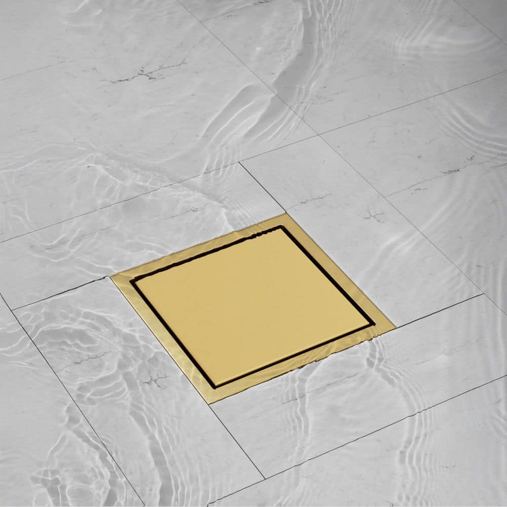 YAWWALK 6 in. Square Stainless Steel Drain with Drain Strainer and Lifting Key in Brushed Gold (2)