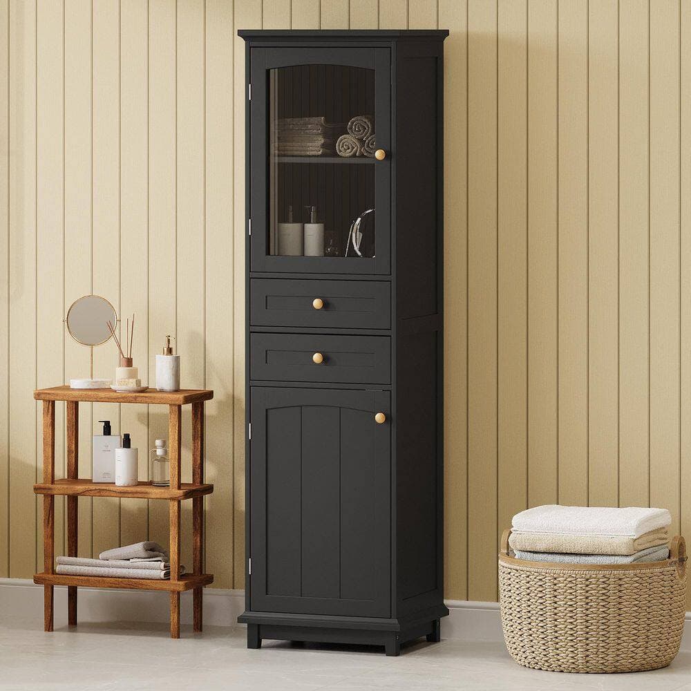 Tatahance 17.7 in. W x 14.2 in. D x 63 in. H Black Wood Linen Cabinet with Glass Doors, Drawers and Adjustable Shelves (2)