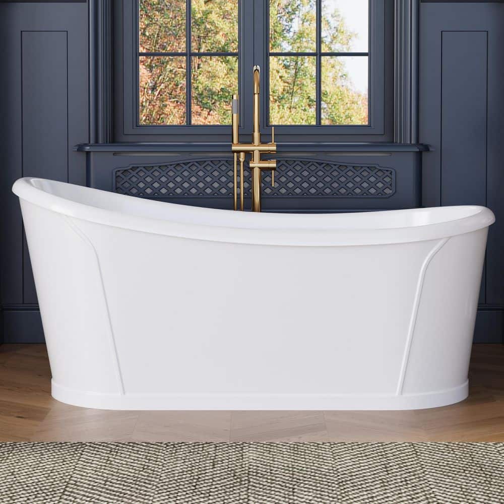 ANGELES HOME 66 in. L x 30 in. W Acrylic Freestanding Single Slipper Soaking Bathtub in White, Pop-Up Drain (1)