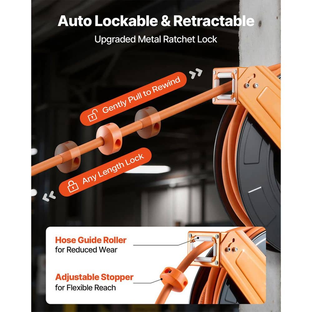 VEVOR Retractable Air Hose Reel, 1/2 in. x 65 ft. Rubber Air Hose Max 300 PSI, Auto Rewind Air-Compressor Hoses Reel (3)