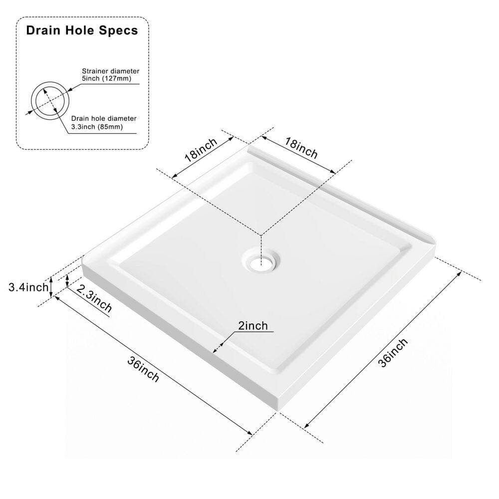 WELLFOR 36 in. L x 36 in. W x 3.3 in. H Alcove Square Acrylic Anti-Slip Shower Pan Base with Center Drain in White (3)