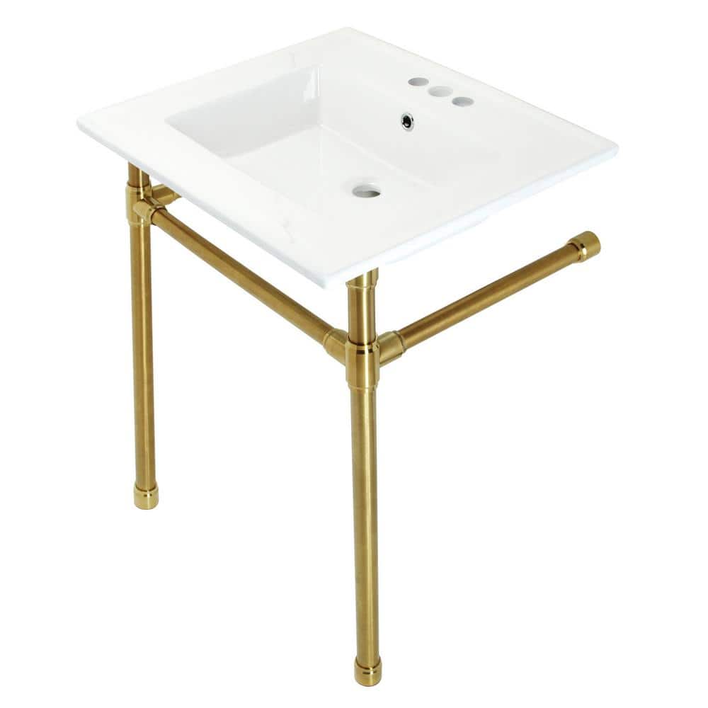 Kingston Brass Dreyfuss Ceramic White Console Sink Basin and Leg Combo in Brushed Brass (1)