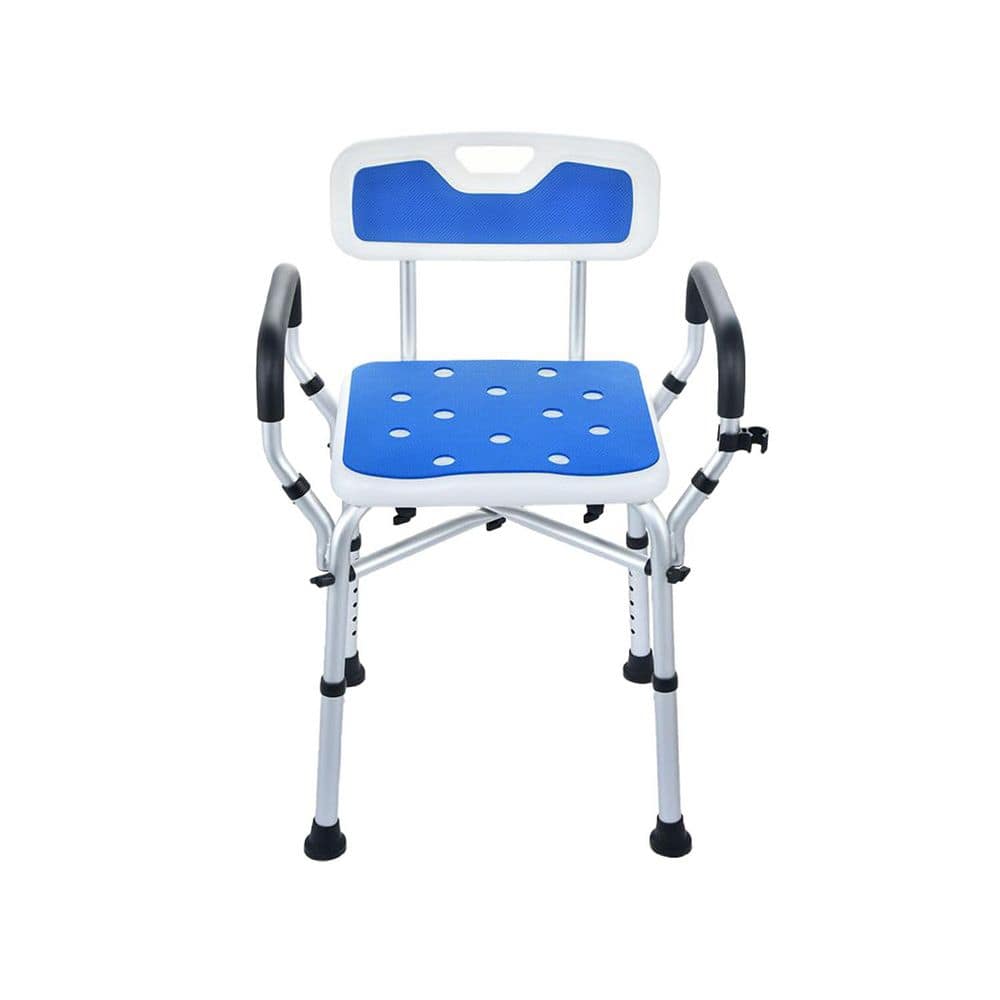 Anqtovp 18in W Freestanding Adjustable Height Shower Seat w Anti-Slip Fee, Cushioned Seat, Armrests, Backrest for Elderly, White (1)
