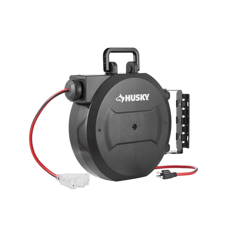 Husky 50 ft. 14/3 Medium Duty 13-Amps Indoor Extension Cord Reel with Multiple Outlet Triple Tap End, Black (3)