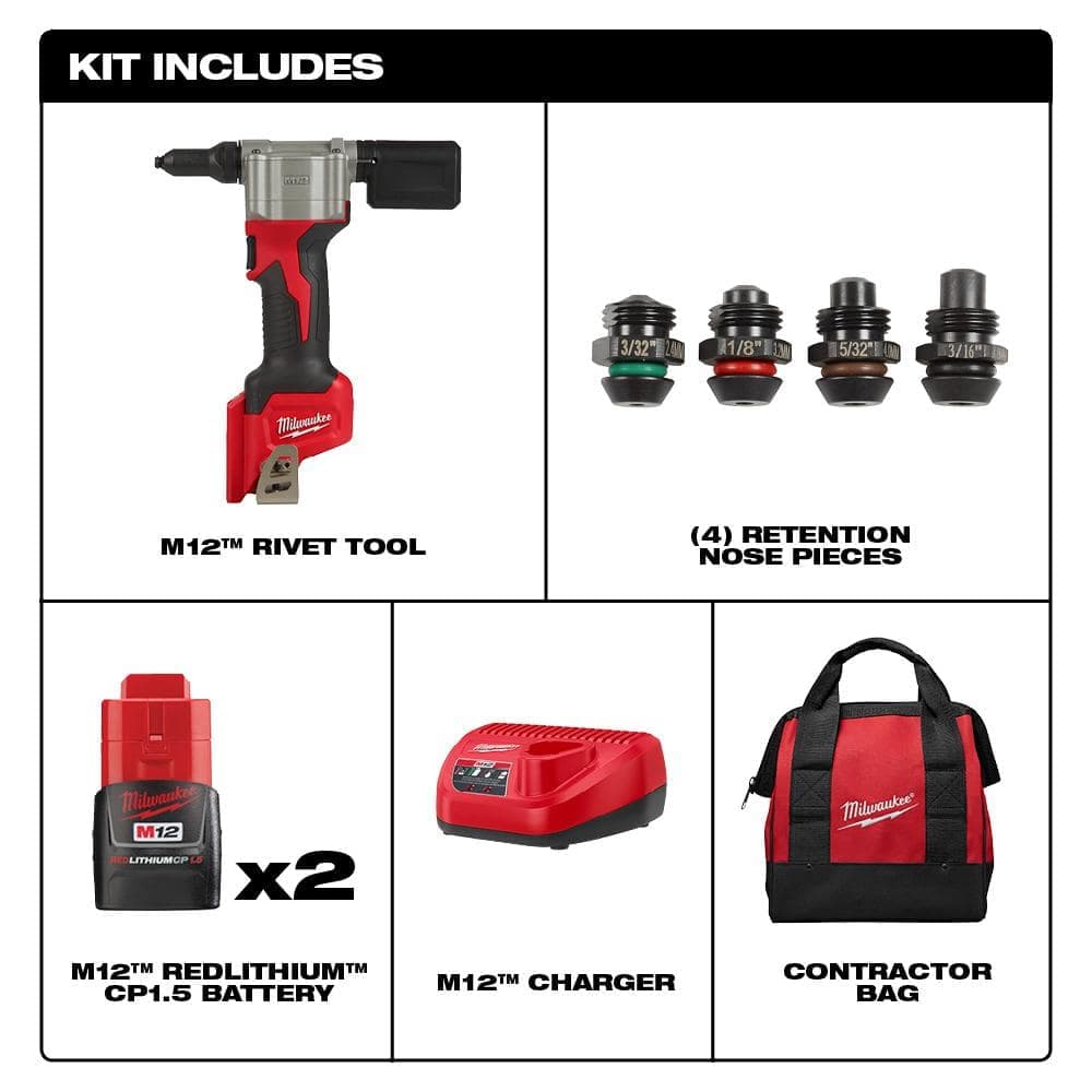Milwaukee M12 12-Volt Lithium-Ion Cordless Rivet Tool Kit with (2) 1.5Ah Batteries and Charger (3)