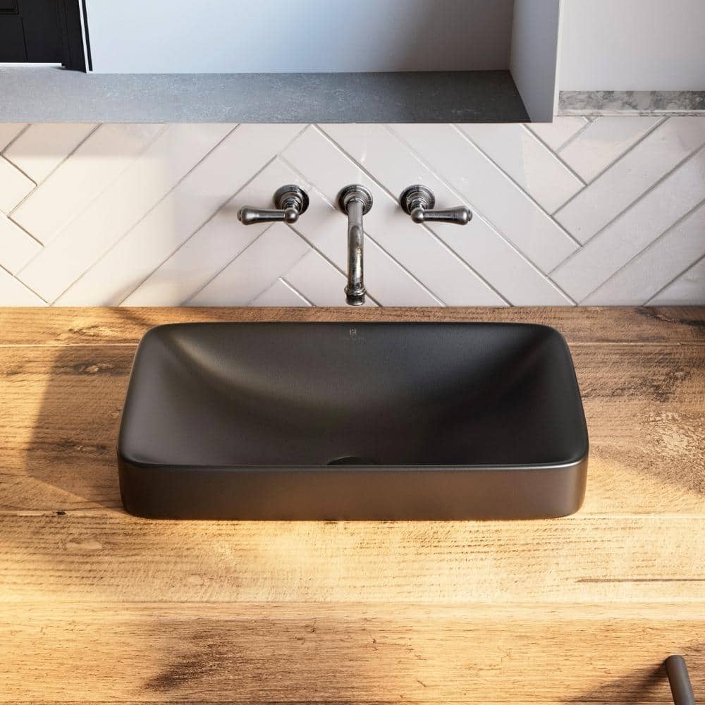 Los Flexi 19 in. Drop-In Bathroom Sink Rectangle in Matte Black, Semi-Recessed Ceramic Vessel Sink, Sink Drain Kit Included (1)