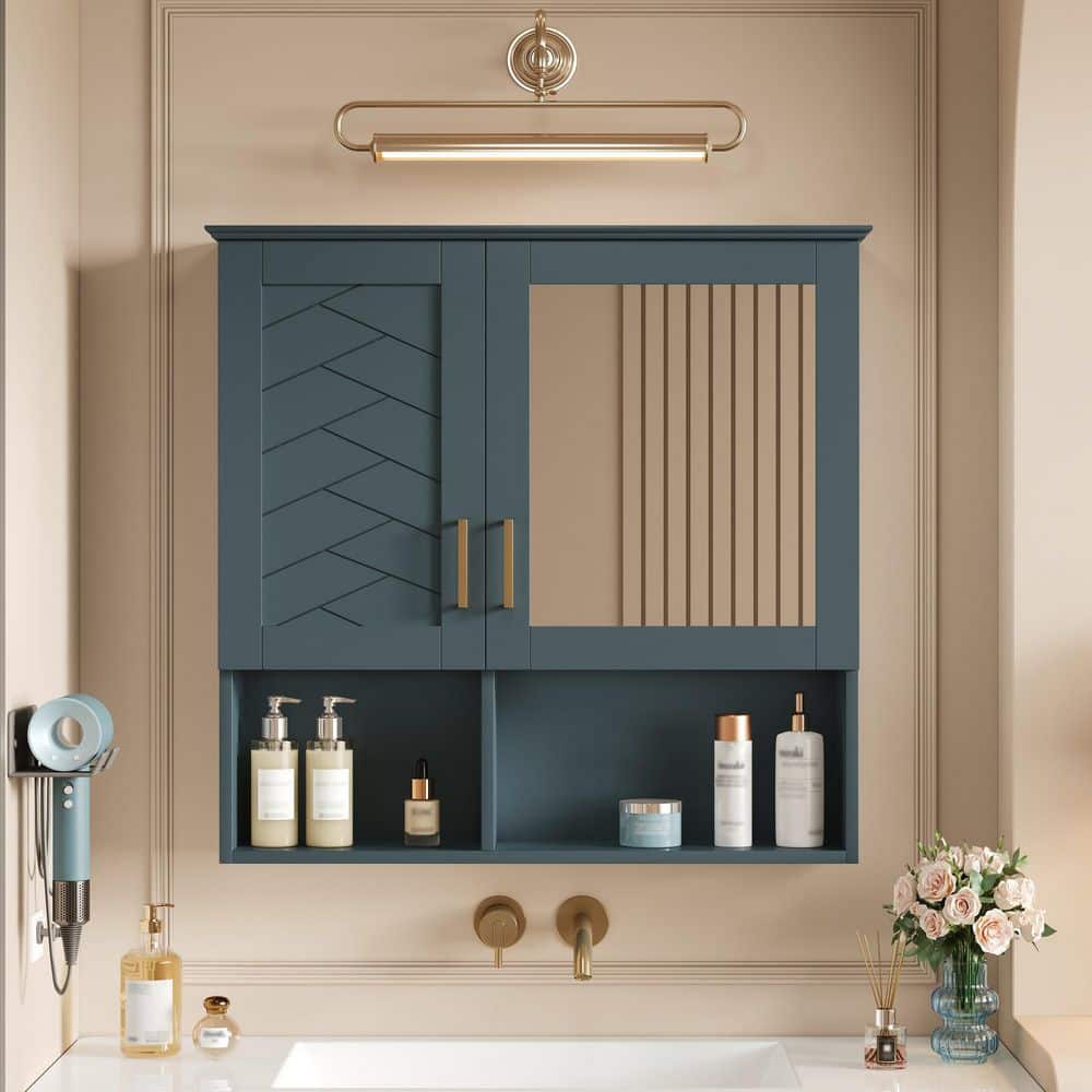 COWLOWN 30 in. W x 7.3 in. D x 28.7 in. H Bathroom Storage Wall Cabinet in Blue with Adjustable Shelves and Soft Close Doors (1)