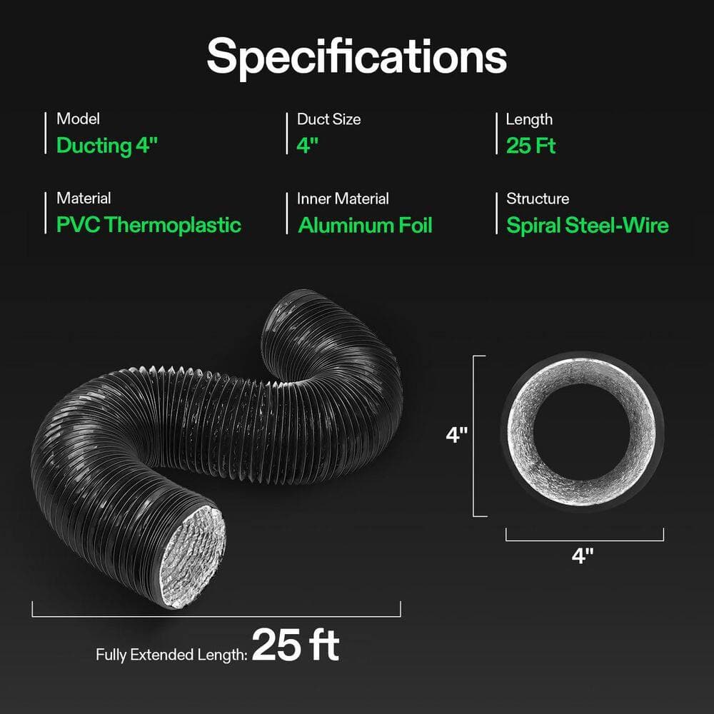 Helhom 4 in. 25 ft. Flexible Aluminum Ducting Vent Kit Dryer Hose Black Aluminum 1-Pack with 2 Clamps (2)