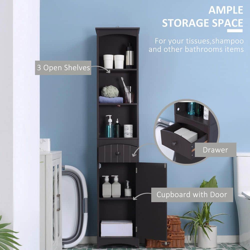 Tahanbath 9.50 in. W x 13.50 in. D x 67 in. H Brown MDF Freestanding Linen Cabinet with 3-Tier Shelves and Drawer in Brown (2)