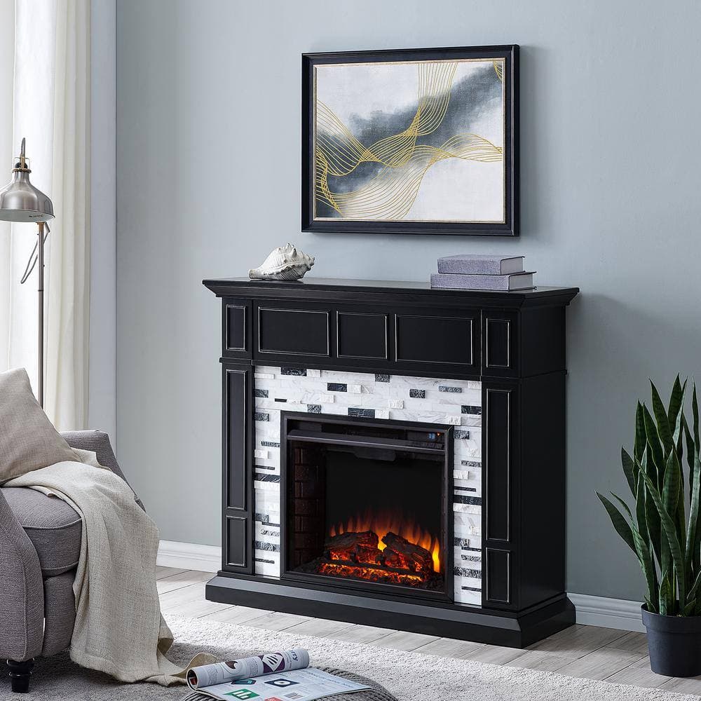 Southern Enterprises Etta Marble 46 in. Electric Fireplace in Black with White and Gray (2)