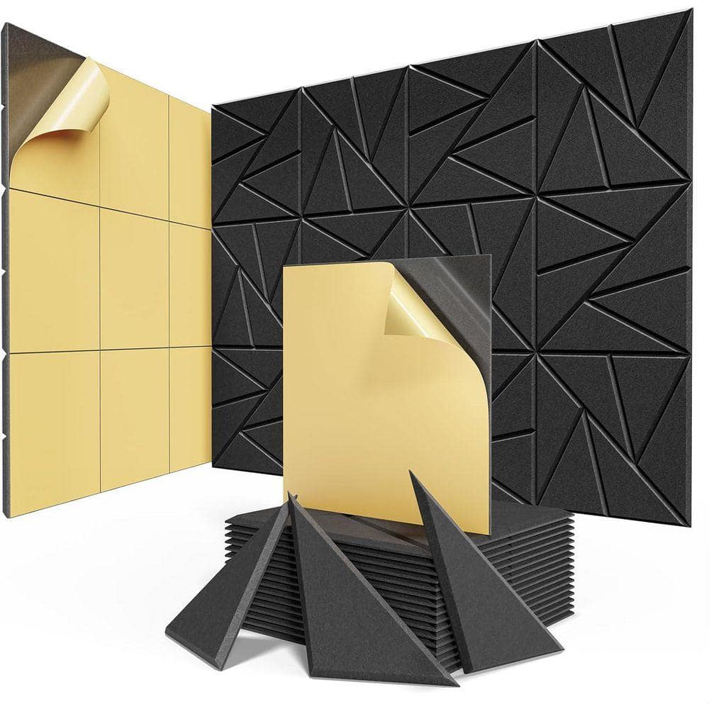 KIWDZFU 0. 4in. T x 1 ft. x 1 ft. Black Polyester Fiber Sound Absorbing Panel with Self-Adhesive 18-Pack (1)