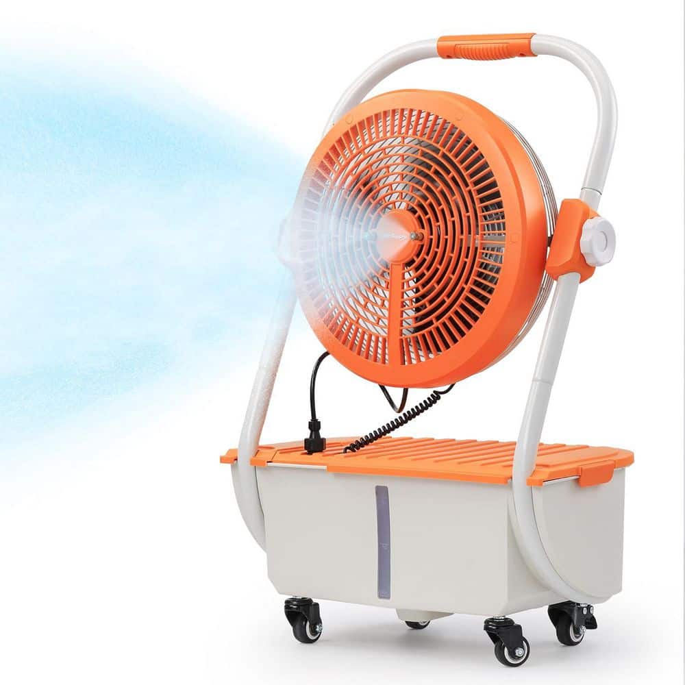 TURBRO 12 in. MS12 Cordless Misting Personal Fan, 11L Tank, 29 in. H, 15 ft. Mist Range, 50H Run Time, 360° Swivel wheel Orange