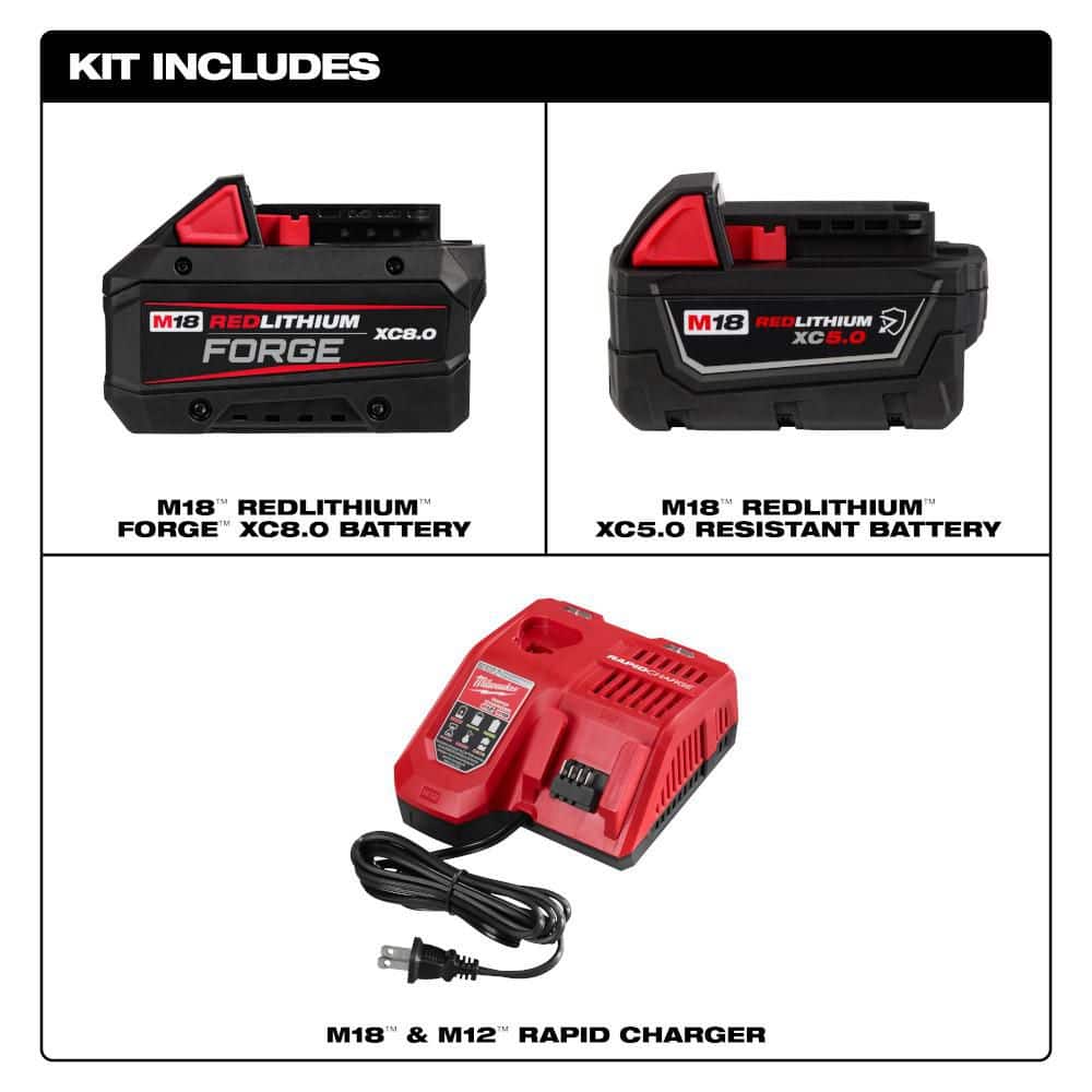 Milwaukee M18 18-Volt Lithium-Ion REDLITHIUM FORGE Starter Kit w/ 8. 0Ah Battery & Rapid Charger & (1) 5.0 Ah Battery (2)
