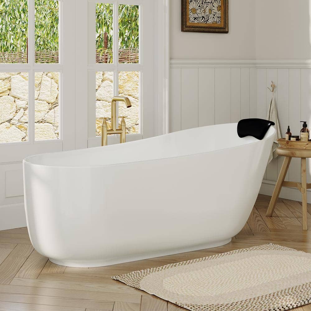 VANITYFUS 66.93 in. x 31.5 in. Stone Resin Solid Surface Freestanding Soaking Bathtub with Hose, Drain and Pillow in Matte White (1)