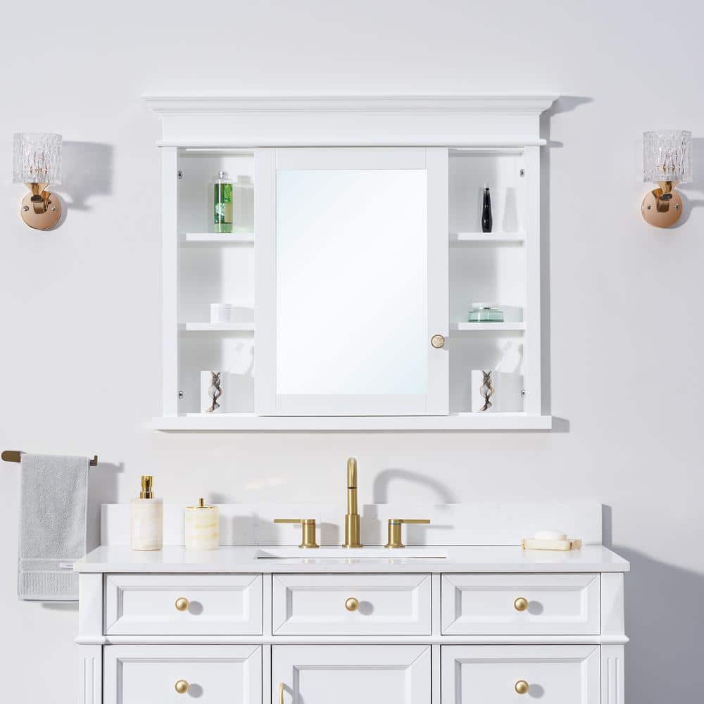 WELLFOR 40 in. W x 32 in. H Rectangular White Solid Wood Framed Recessed Mount Soft Close Door Medicine Cabinet with Mirror (1)