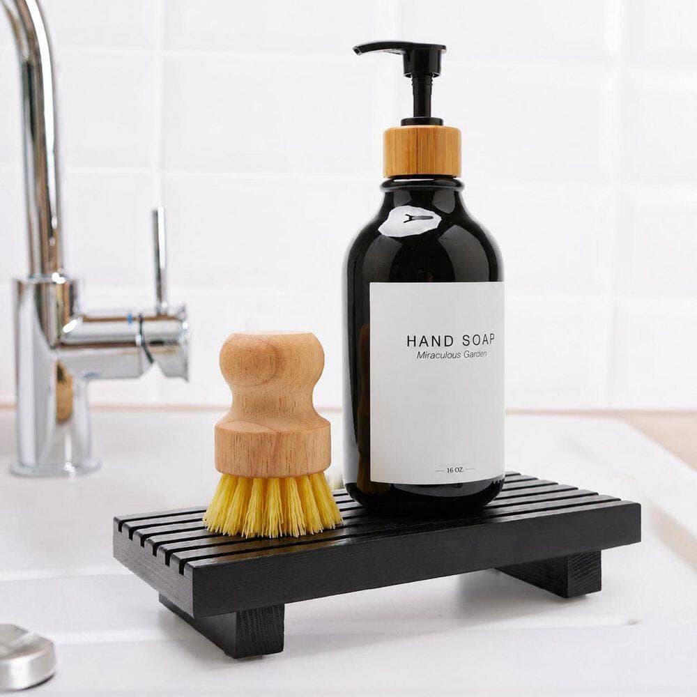 KHKFY Small Wooden Bathroom Counter Organizer Tray 6 x 10 x 1.6 in. Decorative Pedestal Stand for Soap and Sink (2)