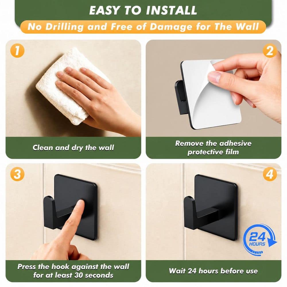 Unbranded Matte Black 5 Pack Black SUS304 Stainless Steel Adhesive Robe Hook Towel Hook No Drill Waterproof Rustproof Wall Mount (2)