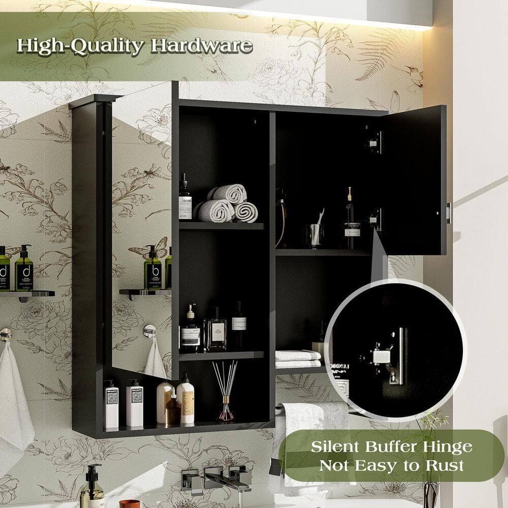 Tahanbath Classic 7.12 in. W x 29.52 in. D x 28.74 in. H Bathroom Storage Wall Cabinet in Black with Open Shelves and Mirror (3)