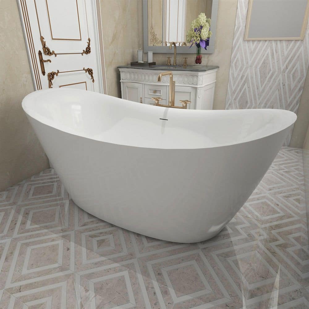 Unbranded 63 in. x 30.75 in. Glossy White Acrylic Double Slipper Freestanding Soaking Bathtub Stand Alone Tub in Chrome (2)