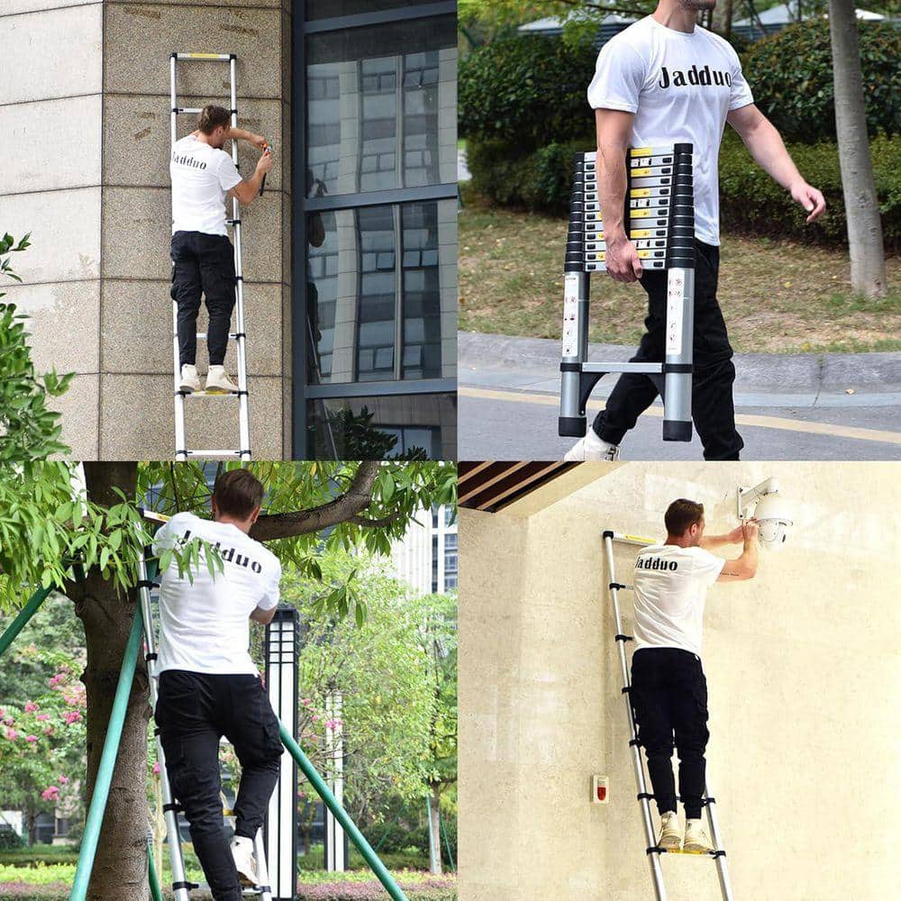 KIWDZFU Telescopic Ladder Reach 16.5 ft. Aluminium Silver Non-Slip Feet Stable Hook Portable Extension Ladder 330 lbs. Capacity (2)