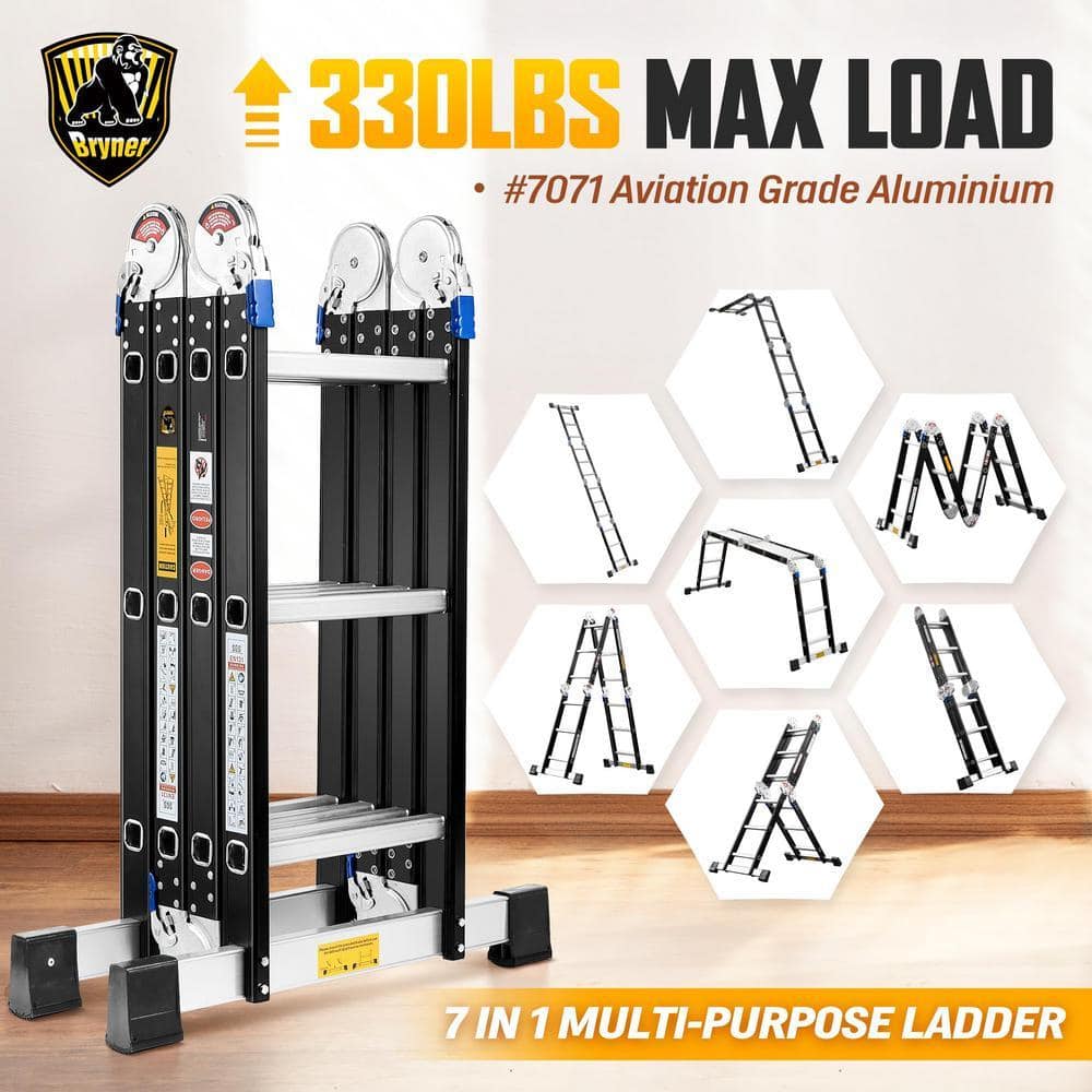 Angel Sar 12 ft. Reach 330 lb. Aluminium 7 in 1-Folding Ladder, Heavy Duty Combination Multi-Position Ladder, Black (2)