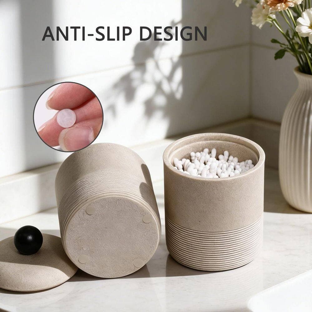 KHKFY Resin Lidded Cotton Swab Storage Container for Bathroom Vanity, Holds Q-Tips and Makeup Pads, Beige Qtip (3)